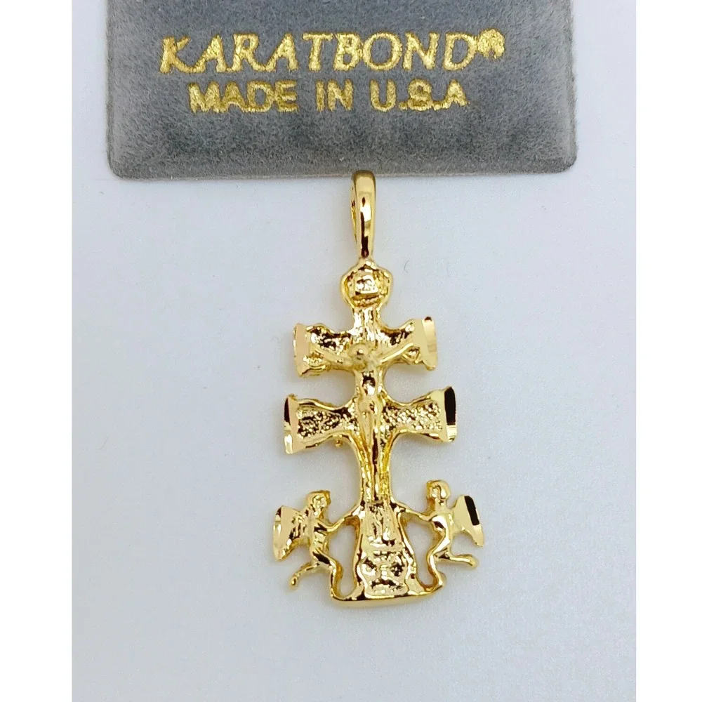 Vintage Karatbond Gold Crucifix Necklace Pendant Angel Double Cross Made USA Y2K